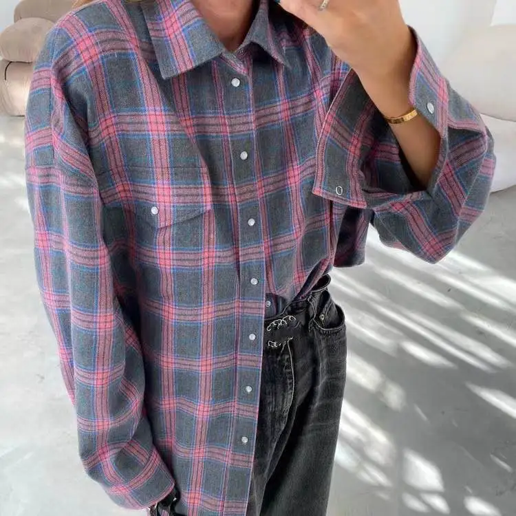 

New Vintage Women Korean Style Oversized Long Sleeve Plaid Shirt Blouse Spring Button Down Loose Lapel Pocket Shirt Tops
