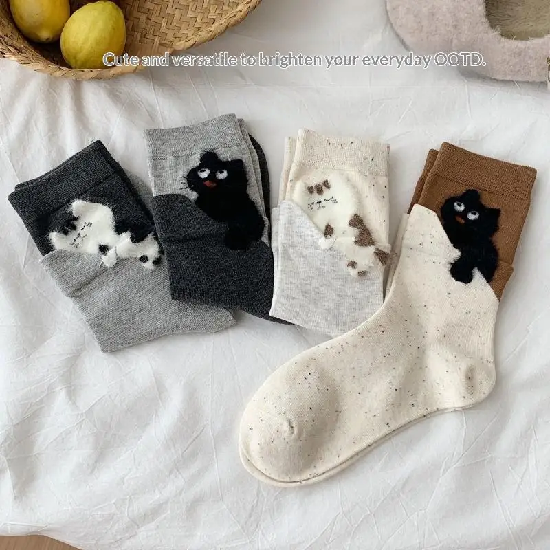 Z. 1Pair Soft Comfortable Sweat Absorbing Breathable Casual Couples Sock Three-Dimensional Cat Printed Men Female Mid Tube Socks