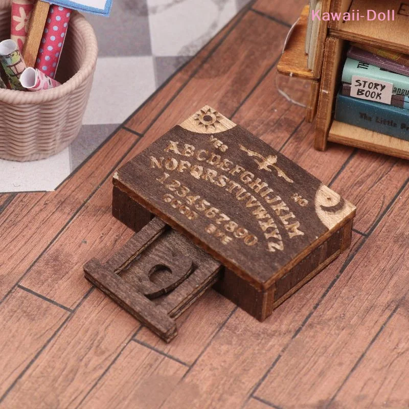 Dollhouse Miniature Retro Mini Wooden Ouija Board With Drawer Spirit Board Micro Landscape Scene Ornament Desktop Decoration