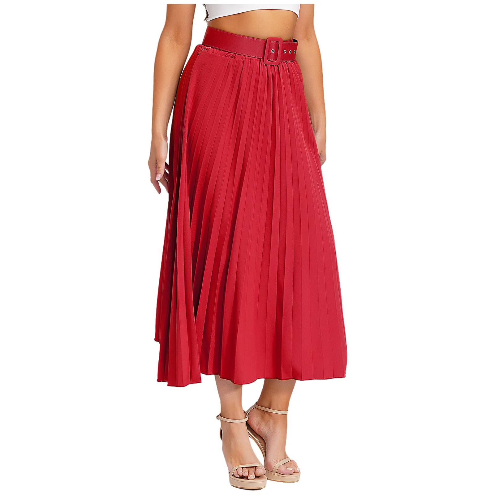 

Women High Waist Pleated Skirt with Belt Elastic Maxi Skirt Swing A-Line Skirt Fashion Casual Daily Summer Party Club Skirt