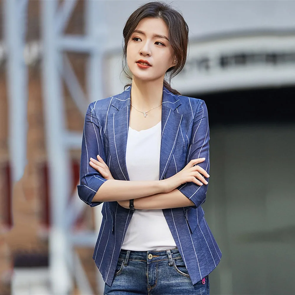 Fashion Mid Sleeve Stripes Slim Suit Jacket Women's Suit Coat Casaco Feminino New 2026 Summer Autumn Korean Jacket Outerwear top