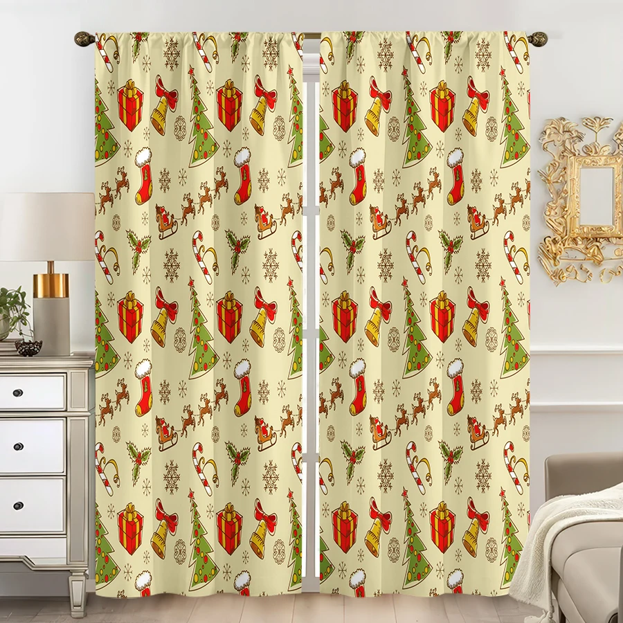 2PCS Christmas Curtains, Trees Gifts Reindeer, Digital Print, Bedroom Living Room Kitchen, Rod Pocket Polyester, Home Decor