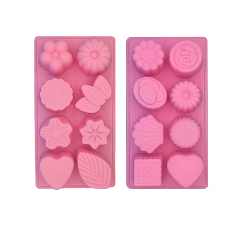 

8 Cavity Pink Silicone Baking Mold Multi-Shapes Flower Heart Shell Square for Cakes Chocolates Fondants Non stick Durable