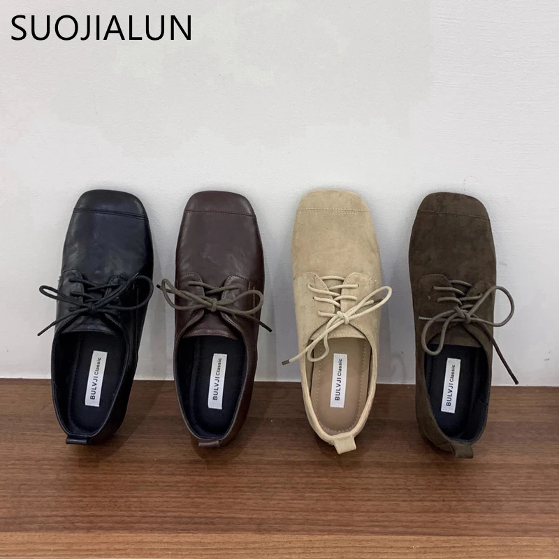 

SUOJIALUN 2025 New Brand Autumn Women Flat Shoes Fashion Lace Up Round Toe Oxford Shoes Soft Flat Heel Casual Loafer Shoes