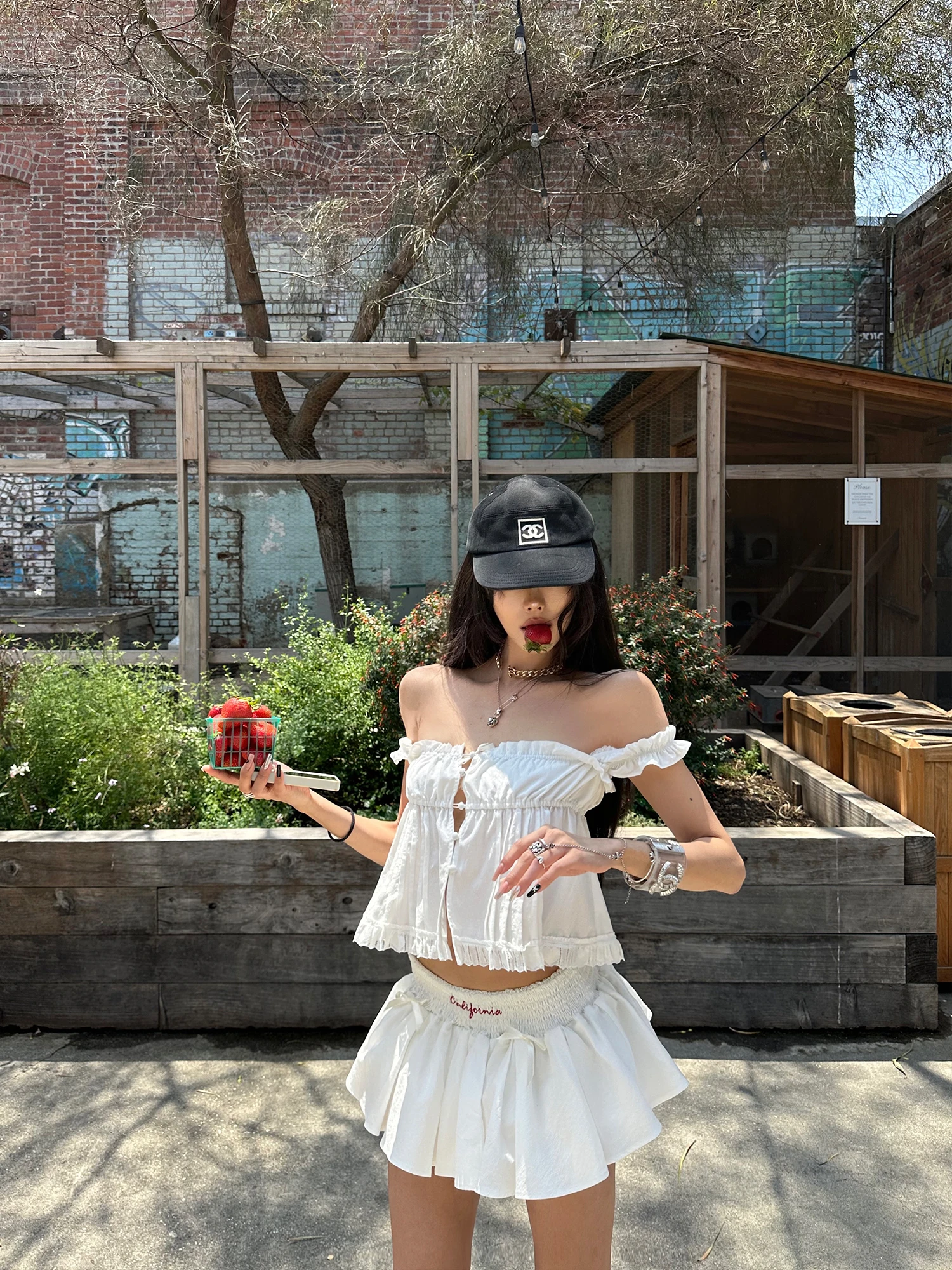 White Lace Trim Crop Top One Shoulder Strap Vest Women Summer Fashion Casual Loose Fit Rylee Cotton Nylon Blend Fabric