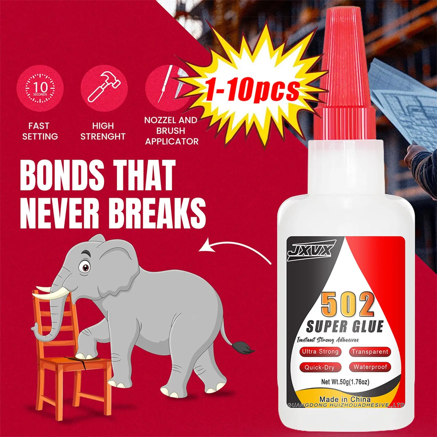 

1-10pcs High-Strength 502 Super Glue Instant Adhesive High-Temperature Resistant Bonding Agent Suitable for Metal, Plastic, PVC, and Wood Powerful Liquid Glue Tool with Dispenser Included 20g/50g.