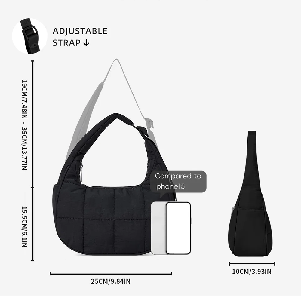 

Puffer Crescent Bag for Women Adjustable Strap Shoulder Bag Nylon with Zipper Shoulder Purse Hobo Bag for Work Travel