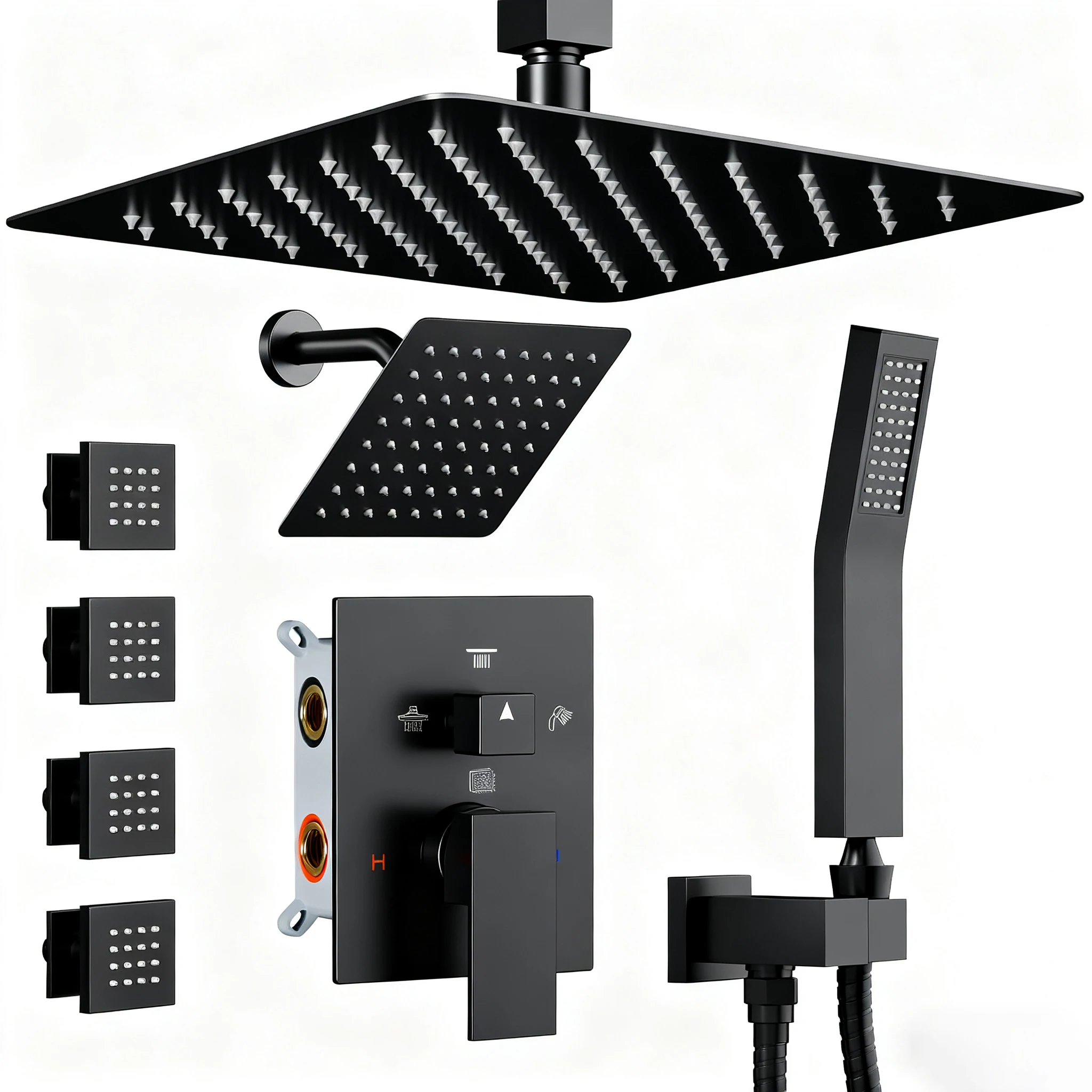 نظام الدش الحديث 4 طائرات رذاذ الجسم 4-Way الأمطار 12 "+ 6" رؤوس الدش المزدوجة خلاط النحاس جدار جبل مجموعة الحنفيات الحرارية