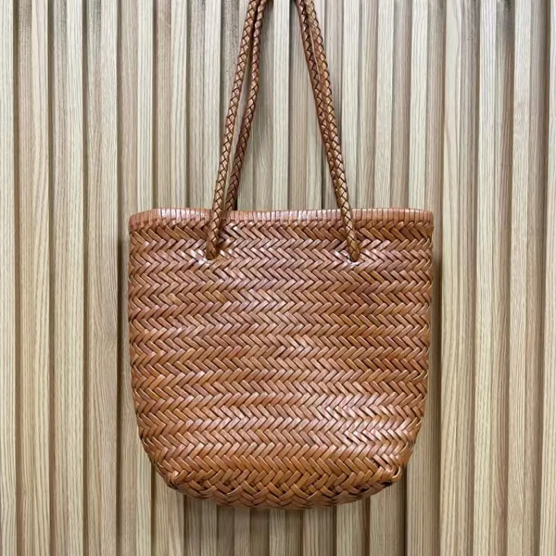 Manual Weave Genuine Leather Hand Bags Tote Top Quality Women Basket Shopping Bags Hollow Beach Hobos Handbag