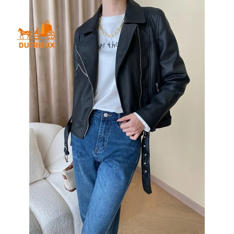 

Spring Autumn Women's Fashion Motorcycle Style Real Leather Jacket, 100% Genuine Sheepskin, Simple and Casual Coat for Women