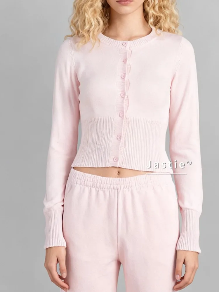 

Pink Slim Long Sleeve Cardigan Women Autumn New Simple Casual Soft Buttons O-neck Jumper Tops Chic Sweet Prepppy Style Sweater