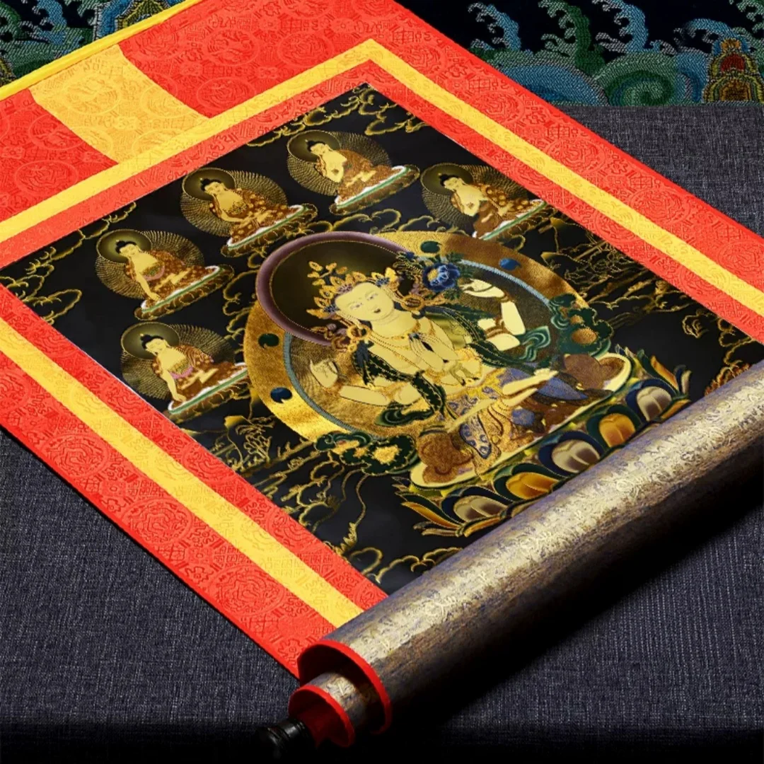 Four-Armed Guanyin Bodhisattva Thangka Gilt Painting Simple Home Blessing Decor 35cm Gift