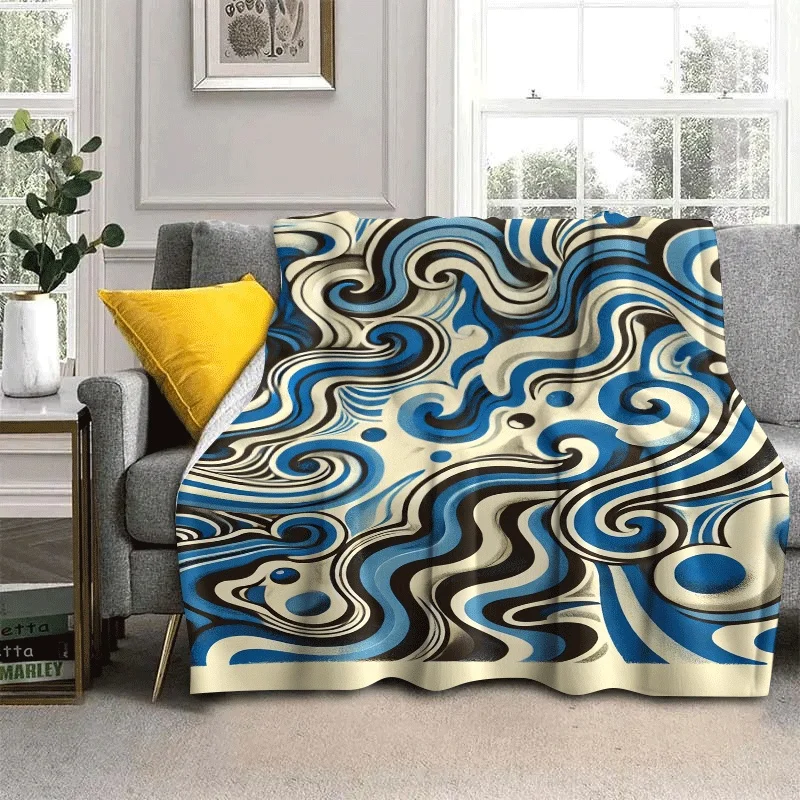 Cream Beige Background Full Print Abstract Fluid Blue Black Swirl Wave Lines Fluffy Blanket Soft Warm Cover For Couch Decor Gift