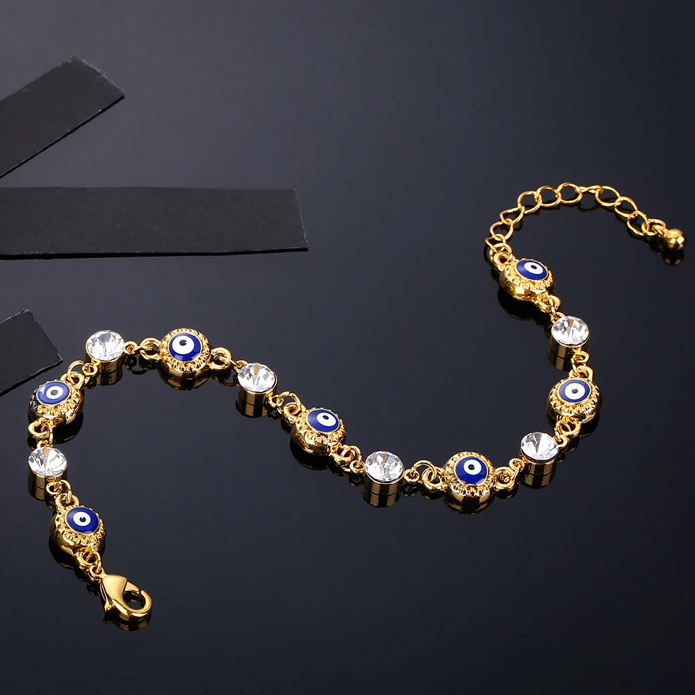 Turkish Blue Eye Bracelet Gold Color Never Faded Blue Evil Eye Crystal Charm Allah Bracelets for Islam Women Muslim Jewelry