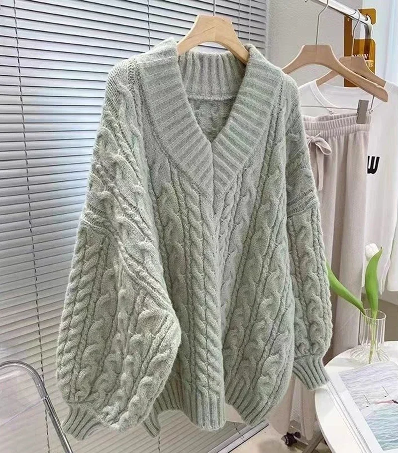 Maglione lavorato a maglia con maniche a lanterna donna coreano solido Twist scollo a v autunno inverno Pullover caldo moda sciolto Casual stile grazioso maglioni