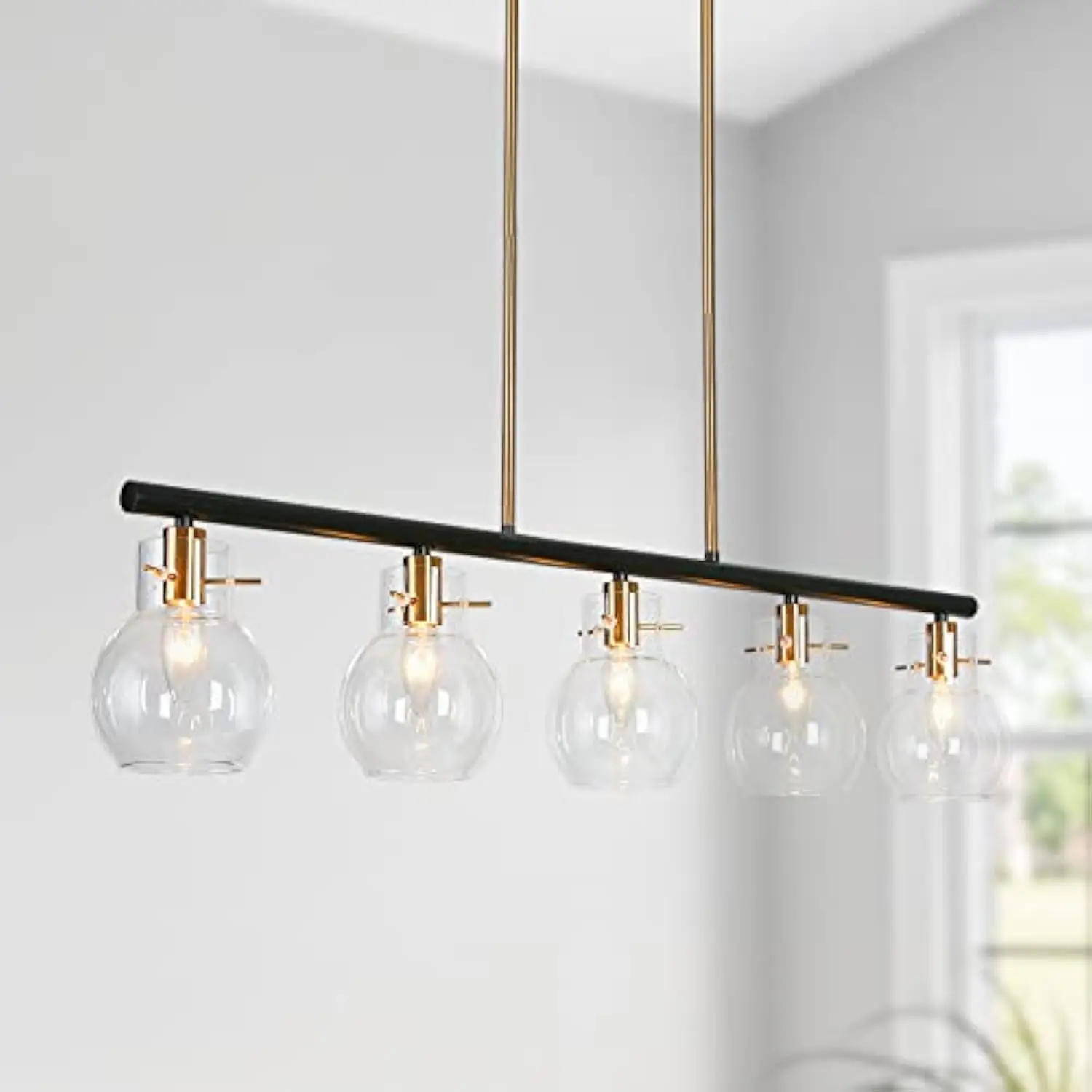 

Gold Chandelier for Dining Room, 5-Light Modern Black Dining Room Light Fixture with Clear Glass Globes, 38 L