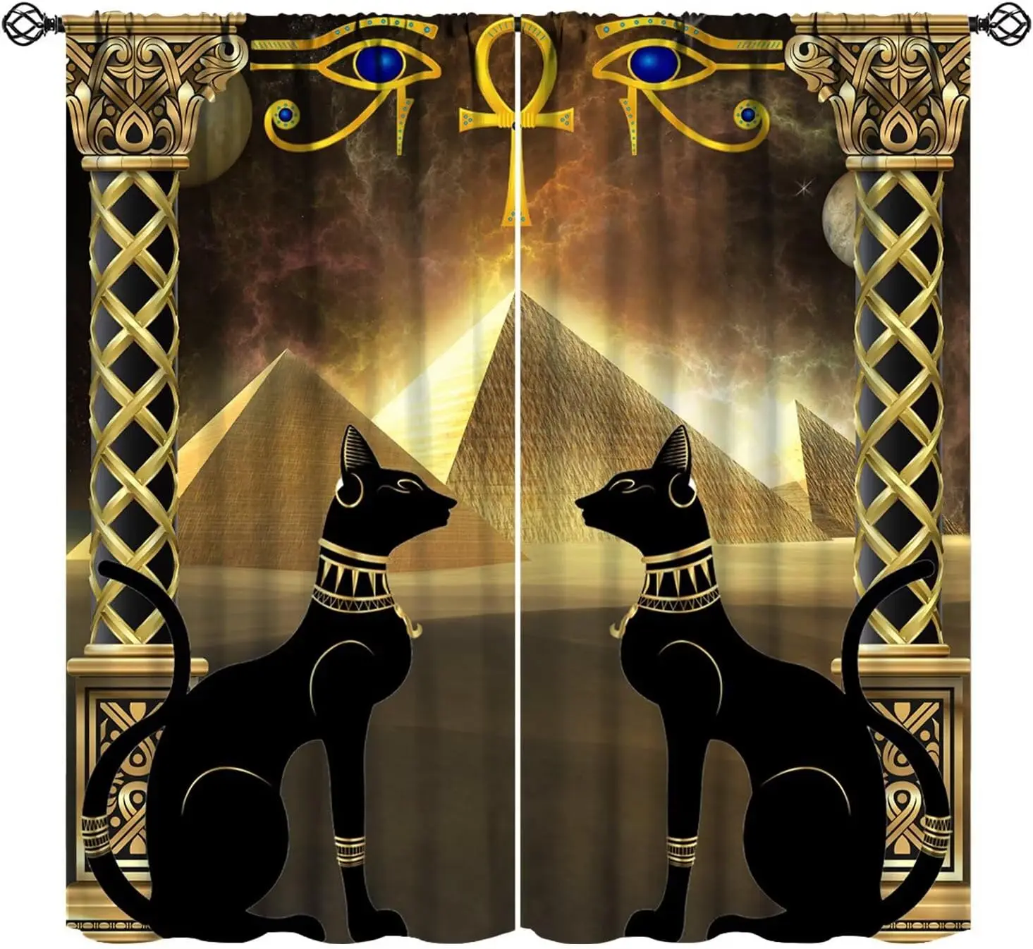 Egyptian Curtains，Ancient Egypt Civilization Vintage Mysterious Horus Eye Black Cat Pattern 2 Panel Rod Pocket Window Drapes for