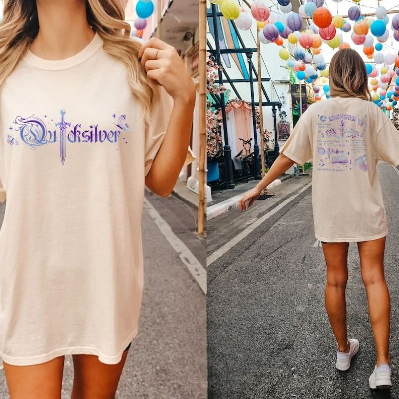 Kingfisher Quicksilver Book Inspired Cotton Fantasy Sword Moon Wolf Butterfly Witchy Quote Gothic Dark Printed T-shirt Tops