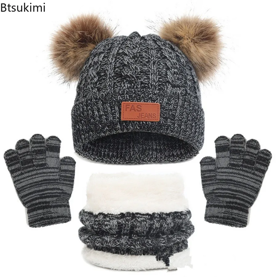 

2025 3Pcs Winter Baby Hat Scarf Gloves Set Solid Color Toddler Bonnet Cute Pompom Knitted Hats Outdoor Warm Infant Accessories