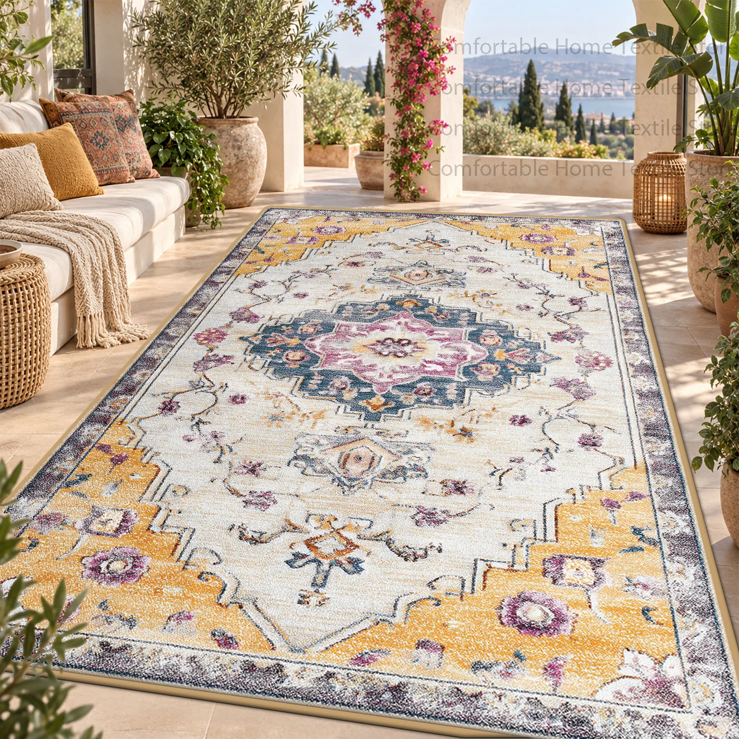Moroccan Traditional Washable Indoor Rug Persian Floral Decor Living Room Carpet Short Velvet Stain Resistant Patio Floor Mat