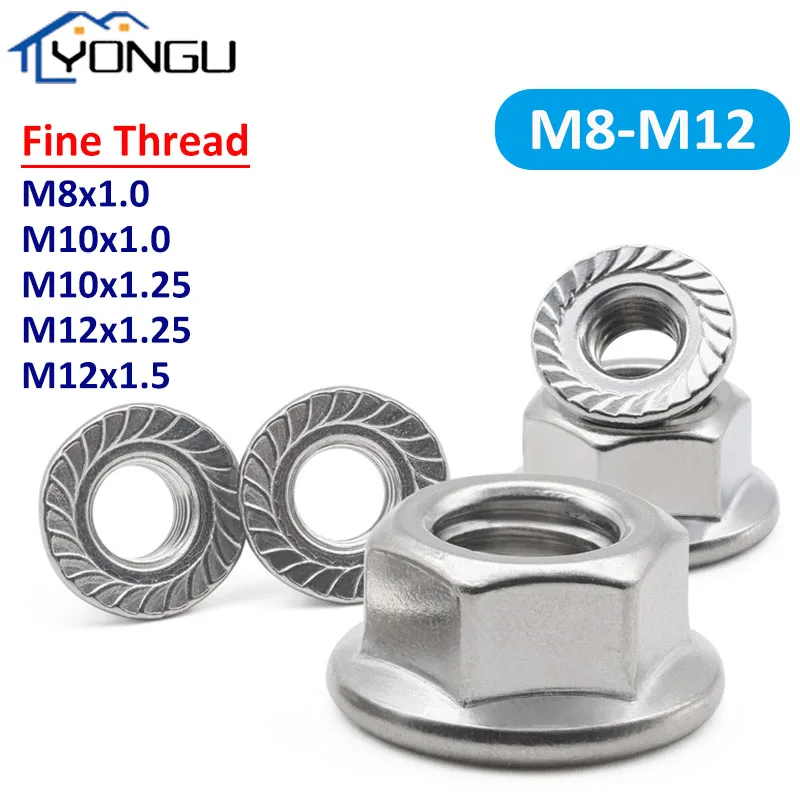 Fine Pitch Thread Hexagon Flange Nut 304 Stainless Steel M8 M10 M12 Flange Lock Nut DIN6923 Serrated Slip Locking Nut