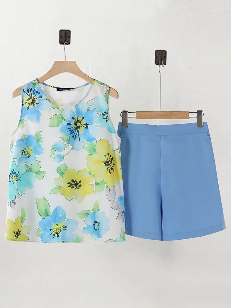 ZANZEA-Tops de alças estampados e conjuntos de shorts femininos, roupas casuais, monocromáticas, soltas, deslocamento diário, feriado, 2 peças, verão, 2022