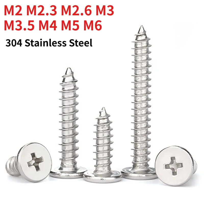 M2 M2.3 M2.6 M3 M3.5 M4 M5 M6 304 Stainless Steel Phillips Flat Truss Head Self-Tapping Screw Phillips and Flat-Head Wood Screws