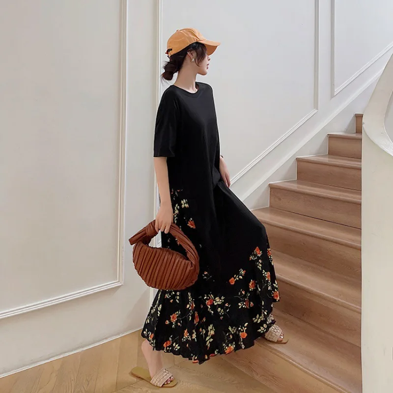 Vestido informal holgado de verano para mujer, vestido largo ajustado con costuras florales, vestido falso de dos piezas de manga corta, novedad de 2025