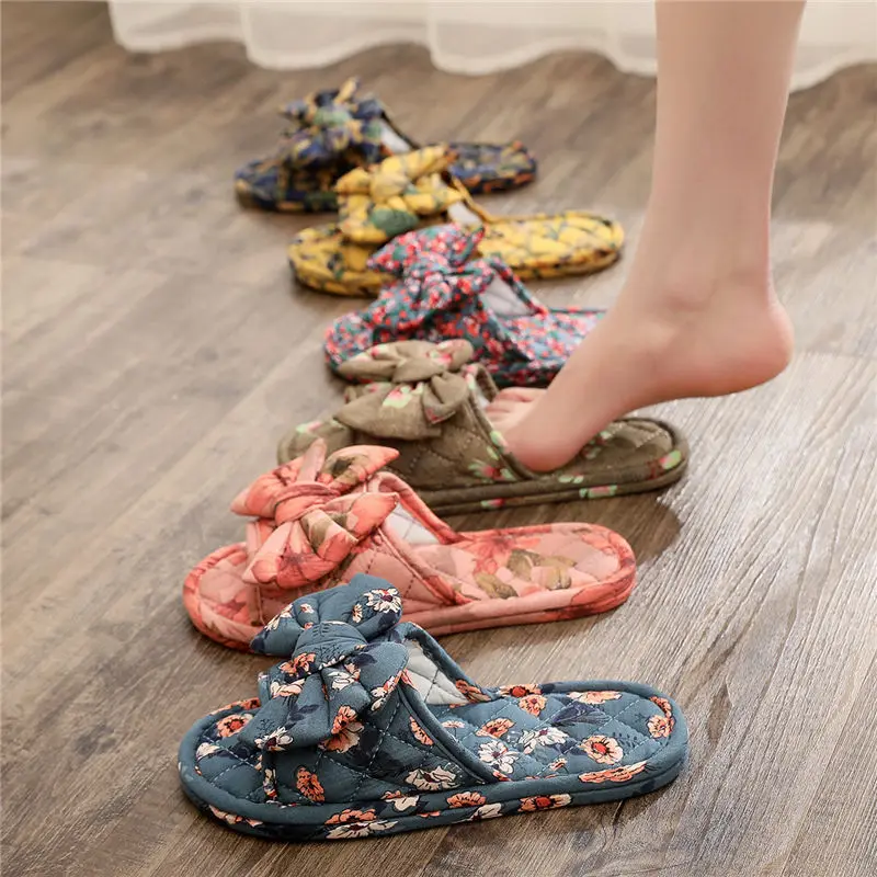 Summer Silent Fabric Bottom Slippers Indoor Home Use Pure Cotton Fabric Bow Tie Female Soft Sole Lightweight Four Seasons Male