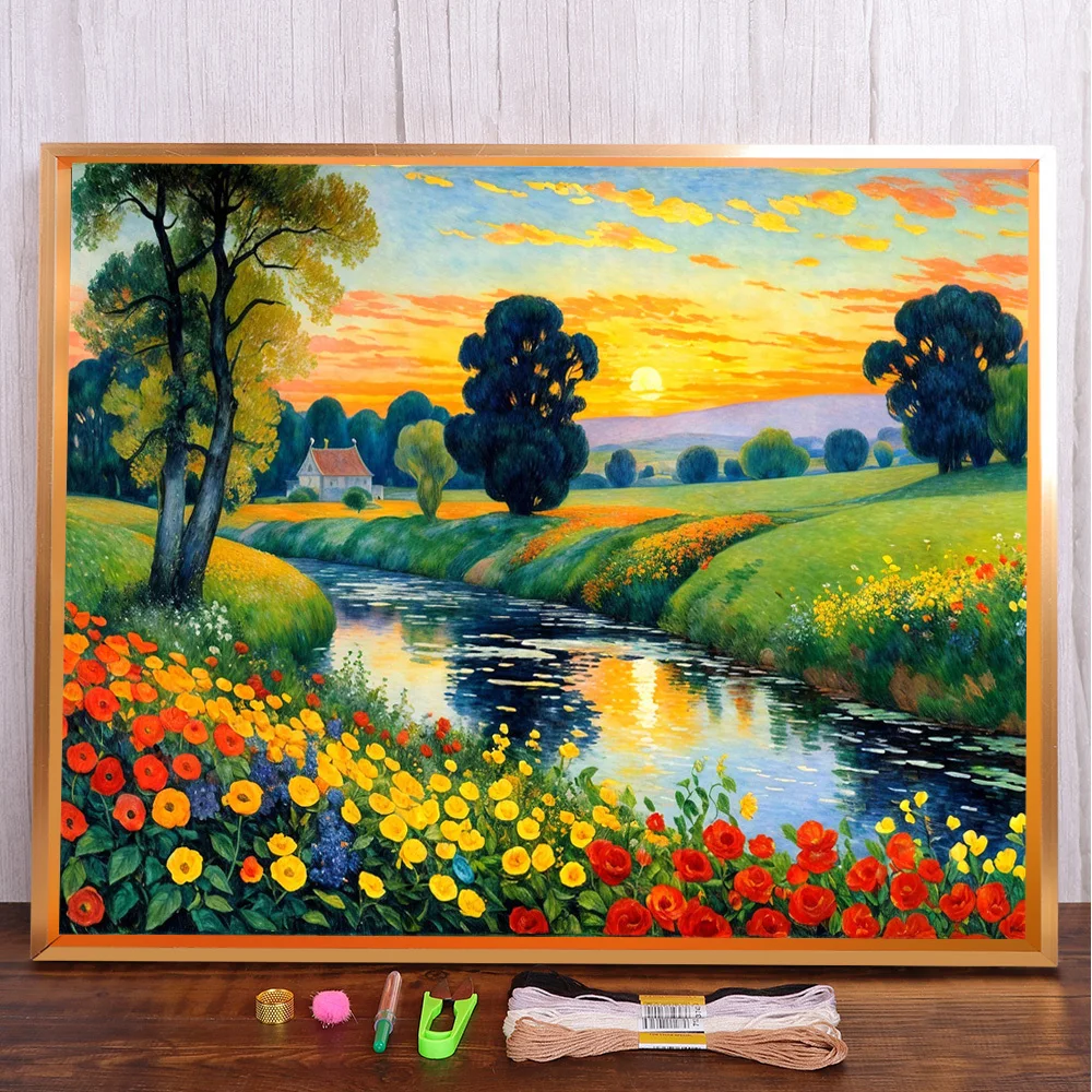 

Landscape River Flower Cross Stitch Embroidery Full Kit Handiwork Handicraft Needlework Craft Promotions Counted For Adults
