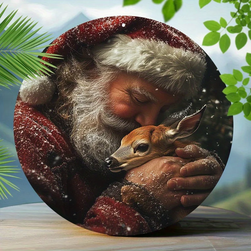 علامة ولوحة زخرفية قطعة واحدة لوحة جدارية كلاسيكية من سانتا كلوز وحيوان الرنة مصنوعة من الألومنيوم على الطراز الريفي ديكورات معدنية مستديرة معلقة #2