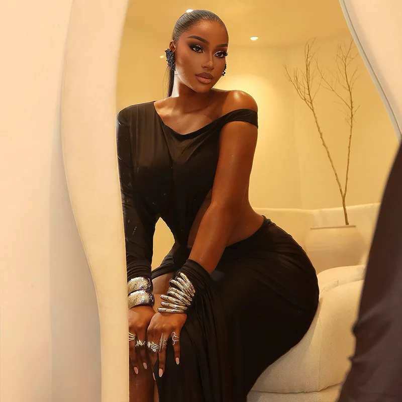 Robe de soirée froncée, Sexy, fente haute, élégante, épaules dénudées, découpée, élastique irrégulière, boîte de nuit, Robes longues de fête