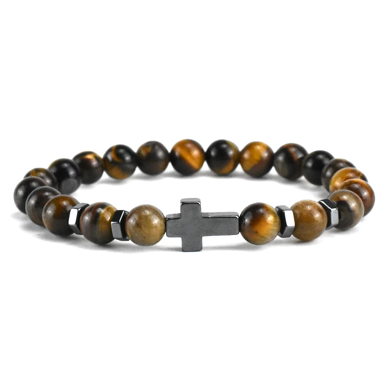 Natuurlijke Magnetische Hematiet Kruis Armbanden Mannen Zwart Obsidiaan Tijgeroog Steen Kralen Armband Voor Vrouwen Pulseras Paar Sieraden