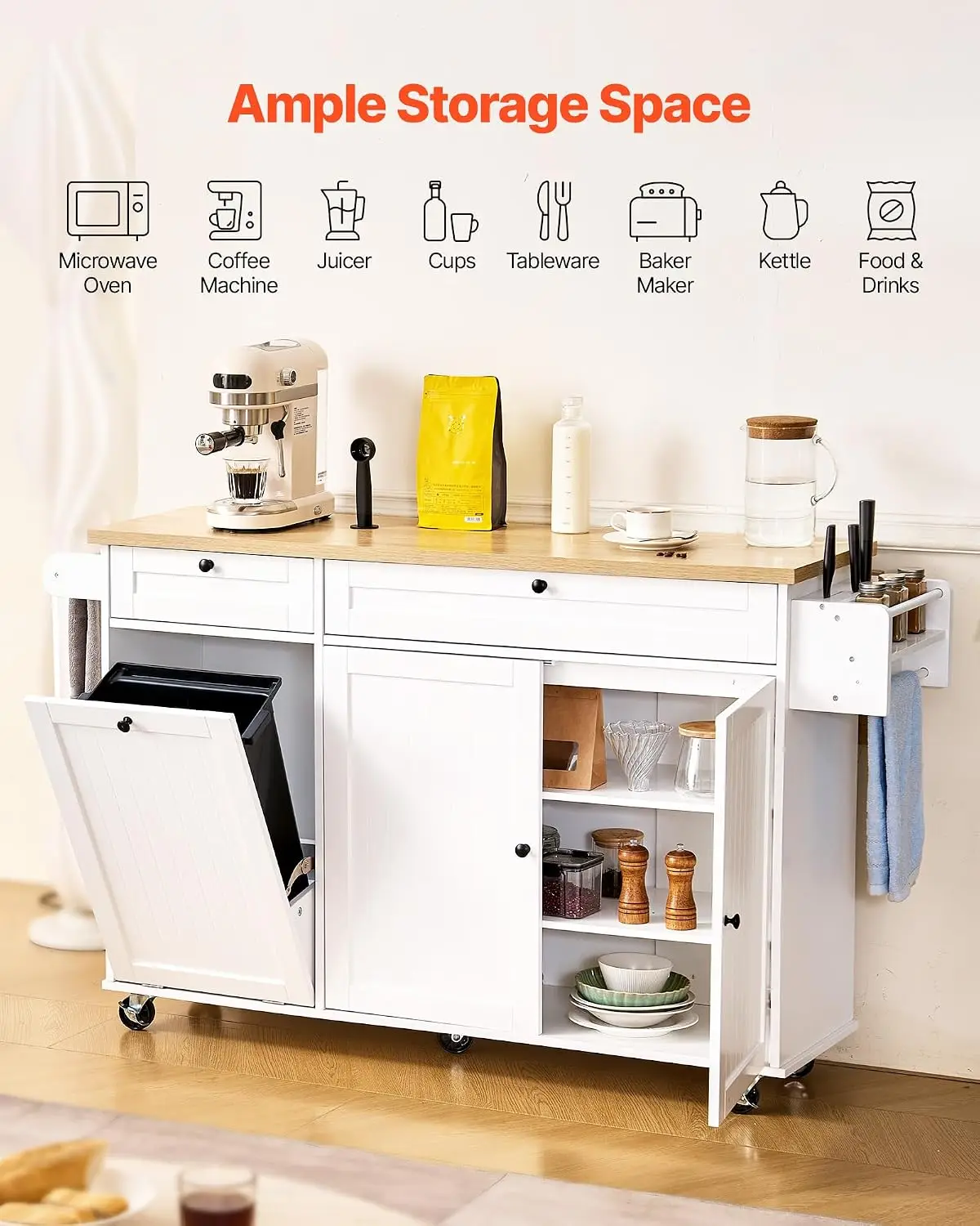 Kitchen Island Cart with Storage, 60in Wide Mobile Kitchen Cart with Wheels, Drop Leaf, 2 Drawers, Trash Can, Customized
