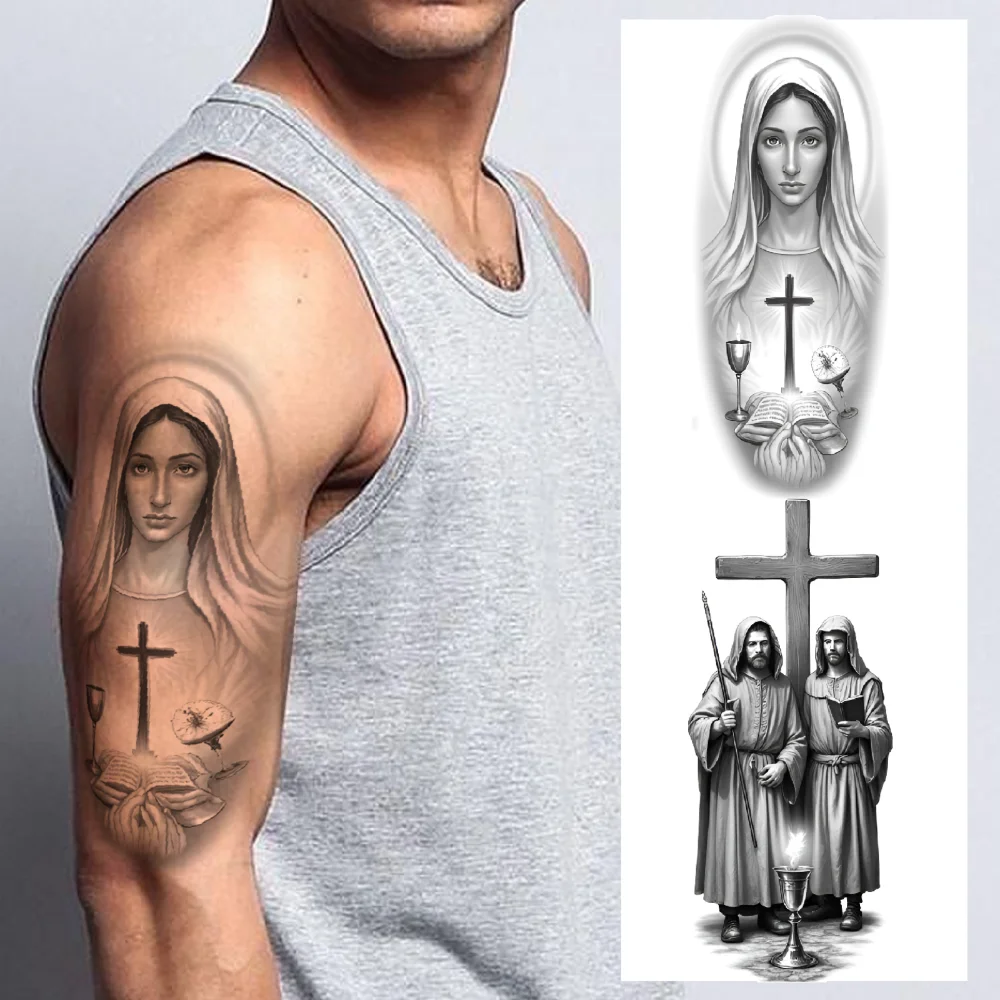 3pcs Temporary Tattoo Praying Woman Black And Grey Realism Virgin Mary Candle And Book Waterproof Long-lasting Body Stickers For