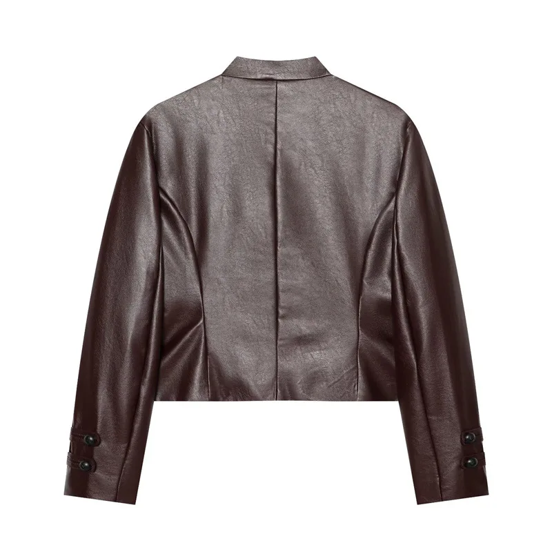 Loose Leather Jacket Stand Collar Rope Knot Buckle Women's Outerwear Top Short Length Long Sleeve Winter Fashion