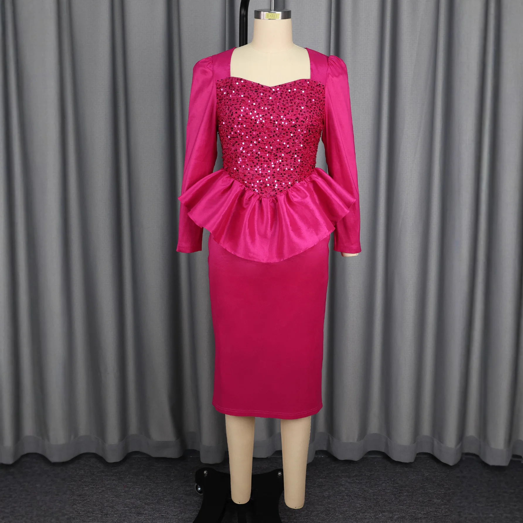 فساتين سهرة للحفلات الأفريقية ترتر للنساء موضة الخريف بأكمام طويلة وياقة مربعة فستان ميدي ملابس أفريقيا