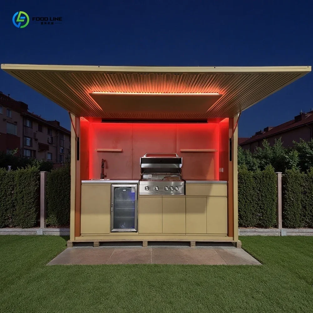Customized Modern Outdoor Kitchen Set Aluminium Hotel Commercial Grill BBQ Waterproof Cabinet with Shed for Patio Camping