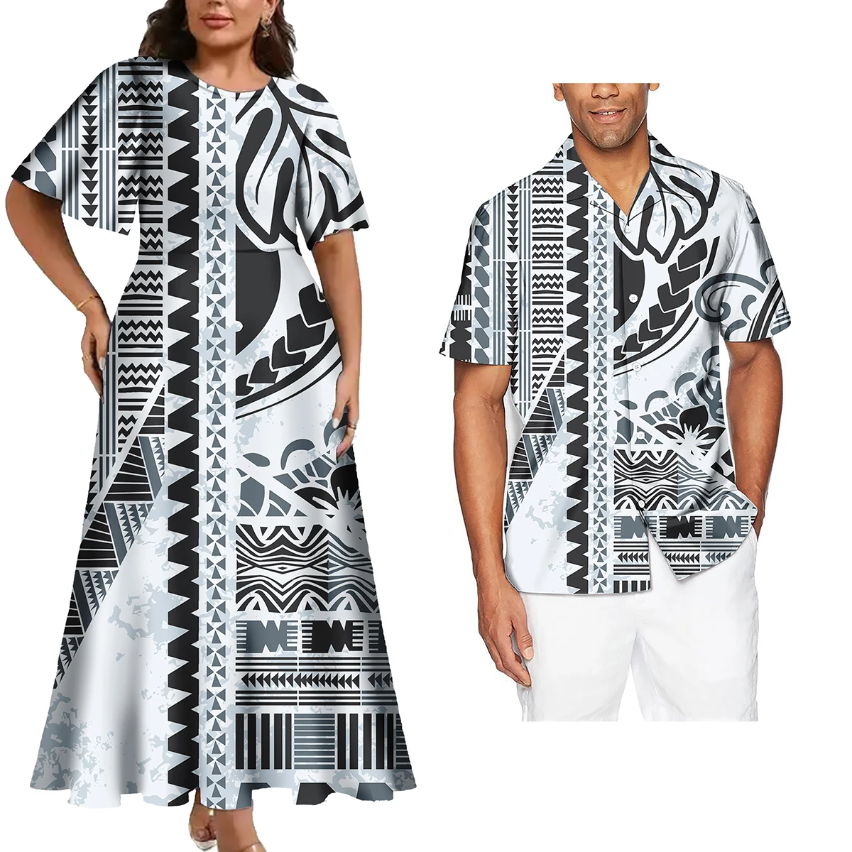 Women Vintage Custom Pattern Dress Match Men Shirts Fashion Couple Clothing Polynesian Hawaiian Tribal Design Printed Dresses