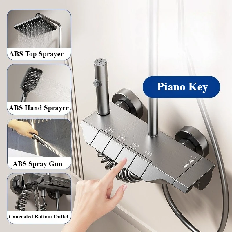Four Ways Water Outlet Shower System Wall Mounted Grey Bathroom Shower Faucet Set Rainlfall Pressurized Bathroom Shower Set
