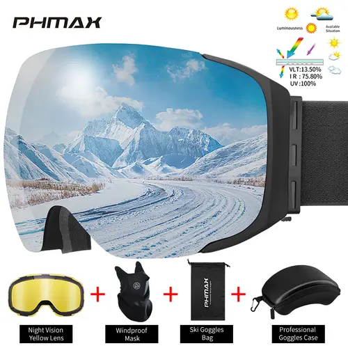 PHMAX Pro Ski Goggles UV400 Anti-fog Eyewear Magnetic Lens Night Vision Yellow Lens Outdoor Sports Snowboard Big Snow Goggles - Image 14