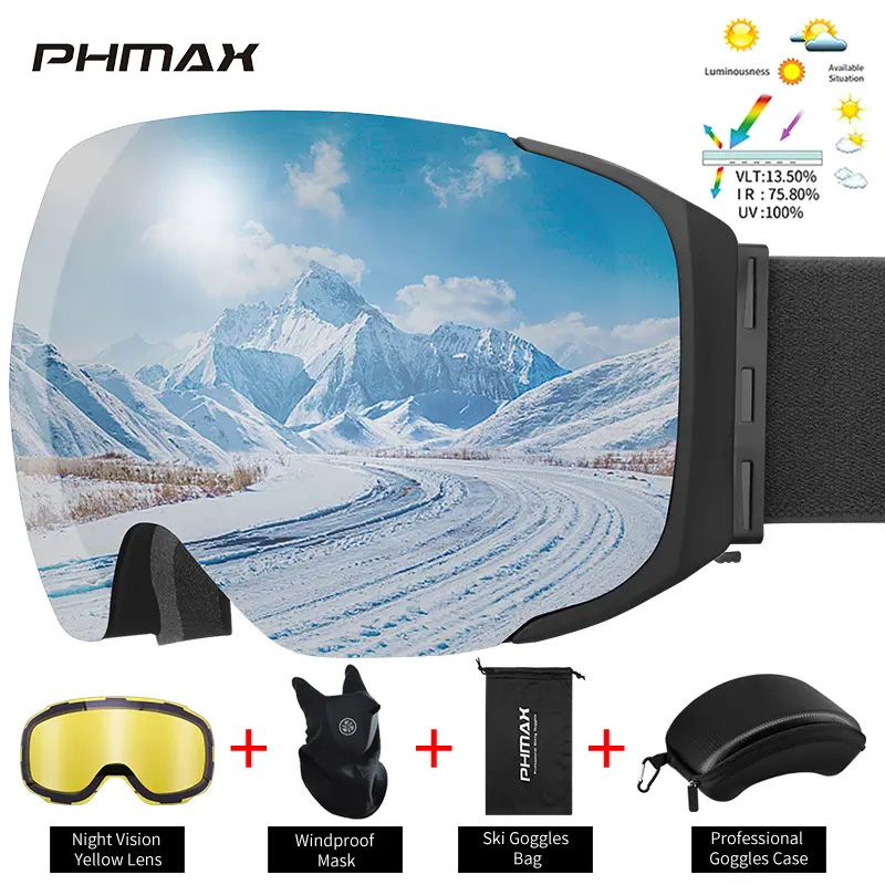 PHMAX Pro Ski Goggles UV400 Anti-fog Eyewear Magnetic Lens Night Vision Yellow Lens Outdoor Sports Snowboard Big Snow Goggles - Image 14