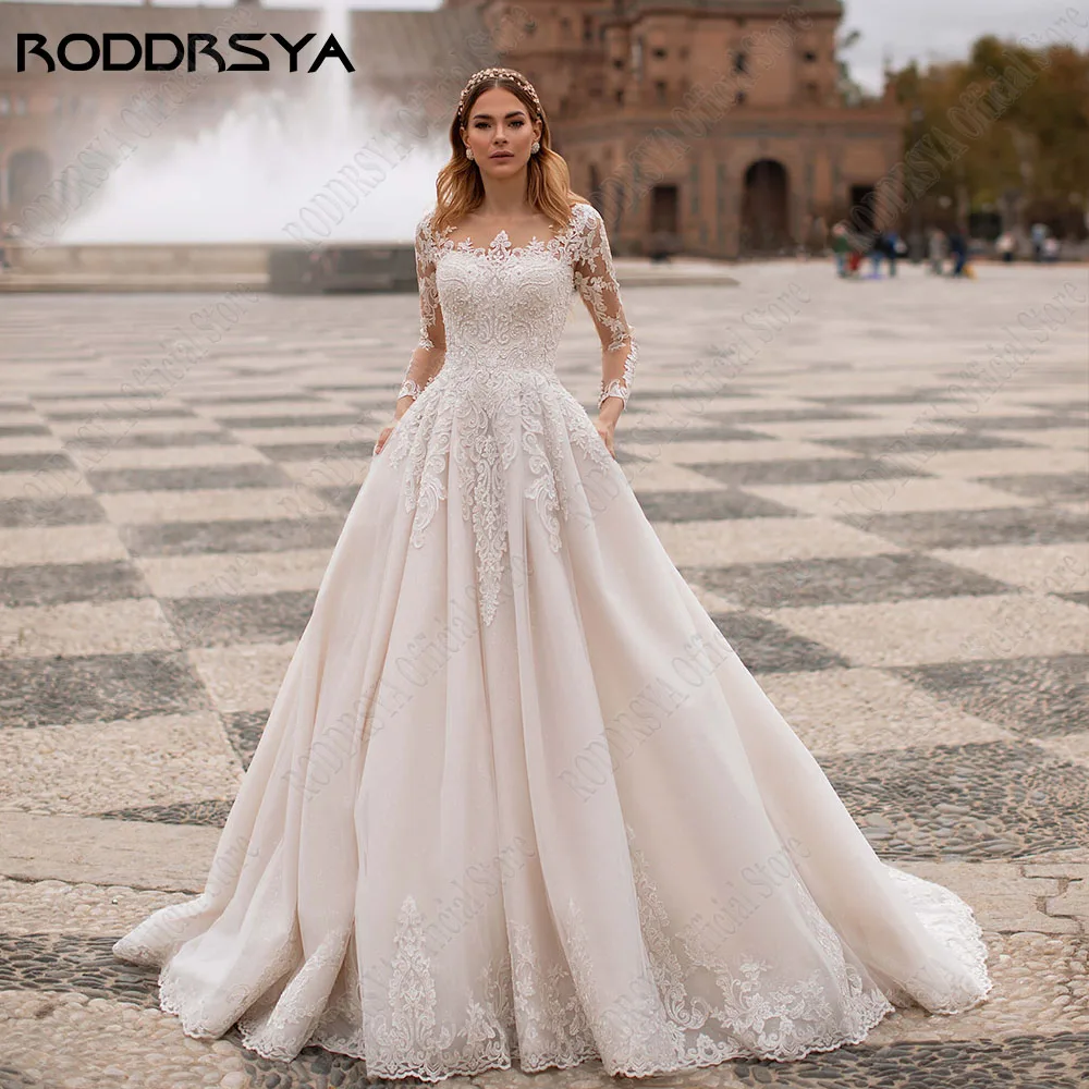 RODDRSYA Light Champagne Elegant Wedding Dress With Long Sleeves Scoop Illusion Bride Gowns Boho Tulle A-Line Vestidos De Novia