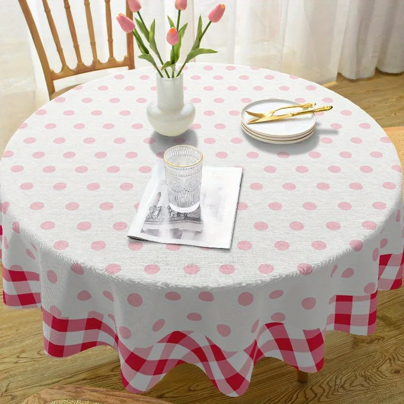 1 piece of classic check and polka dot polyester round tablecloth - designed in a rural farmhouse stylezyc