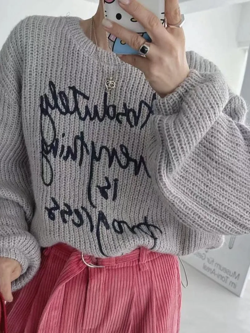 

Chic Vintage round Ne Long Sve Letter Print Design Color Blo Loose Casual Sweater for Women Spring Autumn Season
