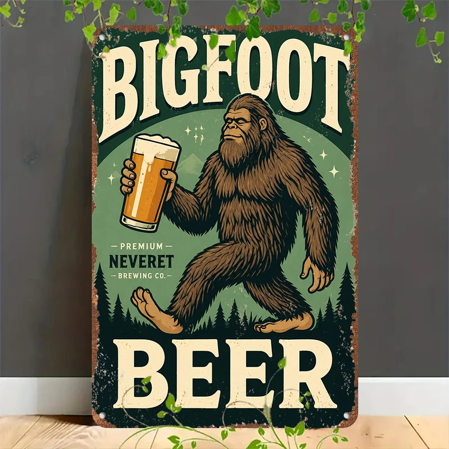 2D flat retro metal tin plate, Vintage Bigfoot Beer Brewing Tin Sign, Suitable for home, garage, café, bar and garden decoration