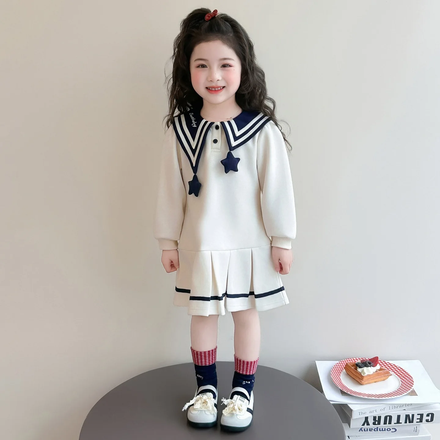 Girls Dress 2026 Spring New Korean Version Navy Collar Western-style Dress Casual Fashion Daily Temperament Wear