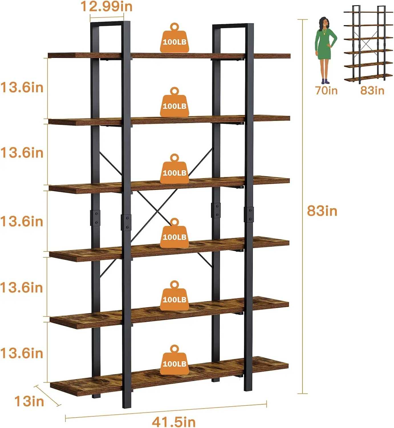 FRAPOW Industrial Grandes Estantes, Estante Rústico Livro com Metal Aberto, 6 Estante de Livros, Estante Industrial Alto, 83"