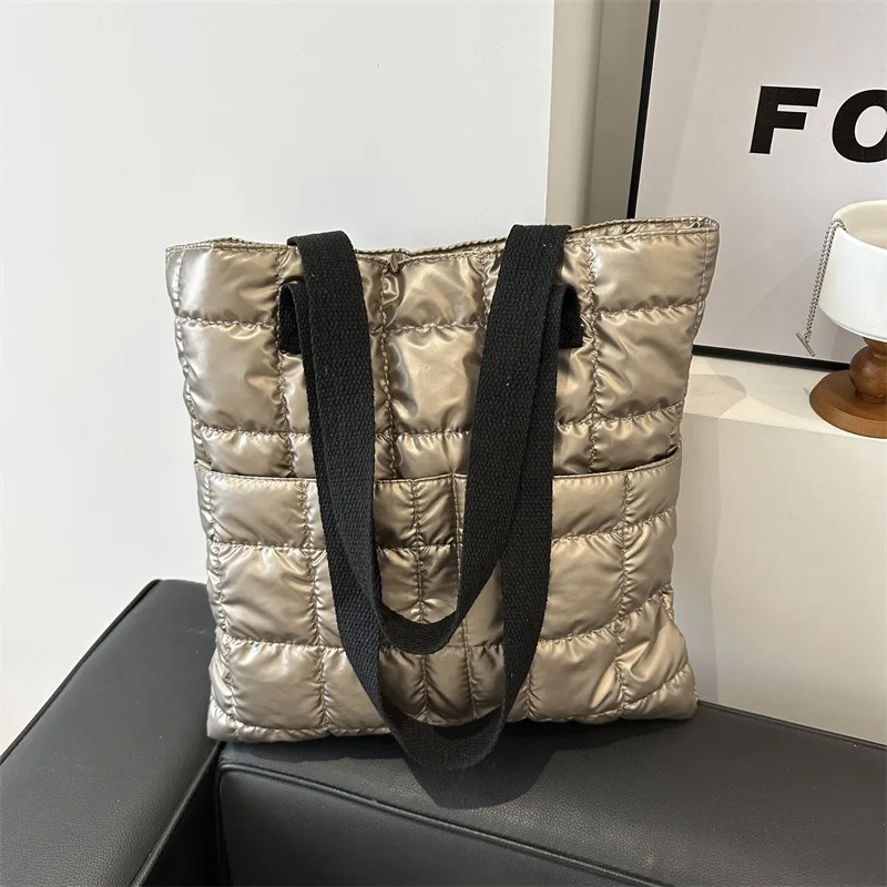 Bolso de hombro de algodón de plumón para mujer, bolso de hombro de moda de invierno, bolso de cubo de ropa de algodón ligero para estudiantes universitarios