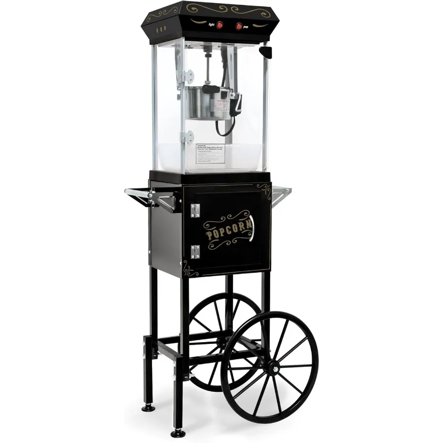 ماكينة صنع الفشار العتيقة مع عربة تتميز بغلاية من الفولاذ المقاوم للصدأ سعة 8 أونصة وإضاءة تدفئة قادرة على إنتاج ما يصل إلى 32 كوبًا من F